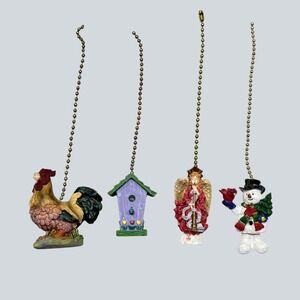 Ceiling Fan Pulls (4) Rooster Angel Birdhouse Snowman Resin Attached Chain